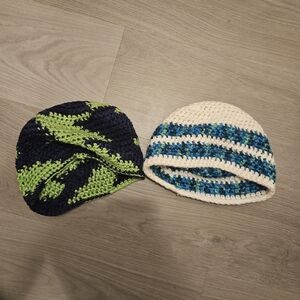 Handmade Crochet Beanies in Green and Blue